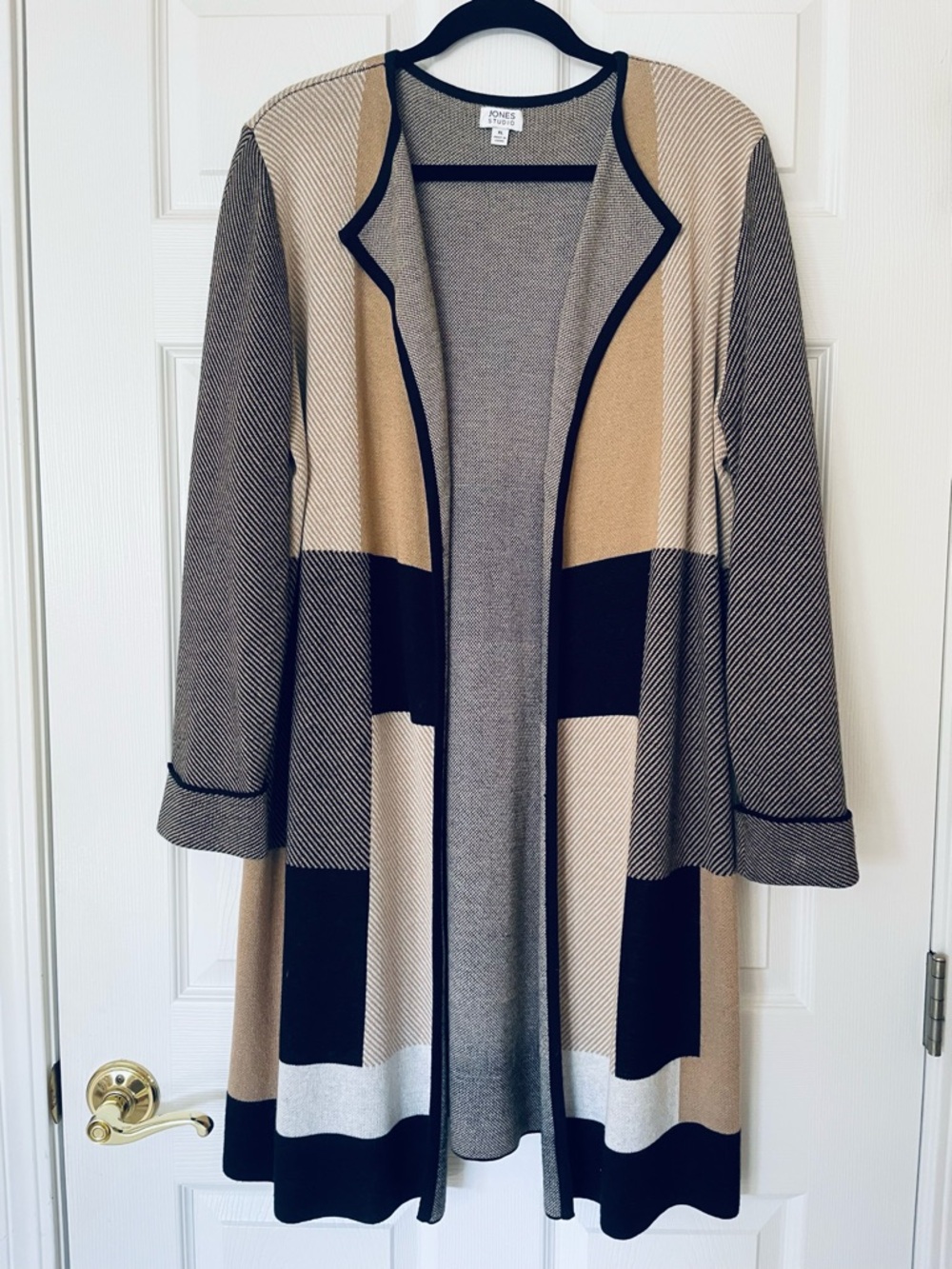 EUC Jones New York Colorblock Open Front Long Duster Cardigan - Black & Camel